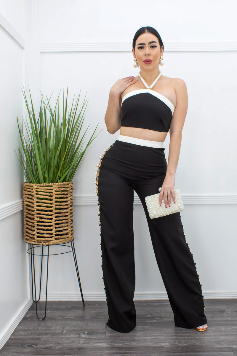 Bandage Crop Top With Side Pearl Pant Set-Set-Moda Fina Boutique