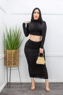 Black L S Top Ruched Maxi Skirt Set-Set-Moda Fina Boutique