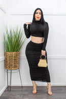 Black L S Top Ruched Maxi Skirt Set-Set-Moda Fina Boutique