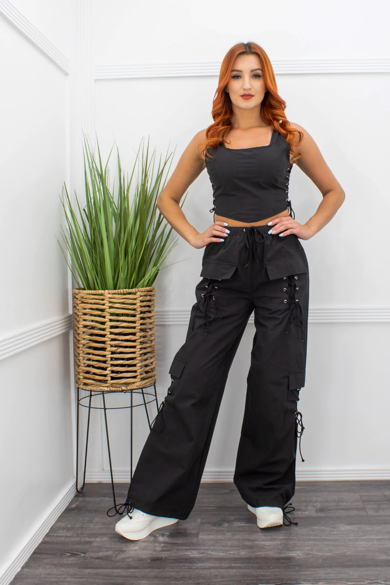 Black Sleeveless Crop Top Cargo Pant Set-Set-Moda Fina Boutique
