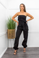 Black Strapless W Design Side Pocket Jumpsuit-Jumpsuit-Moda Fina Boutique