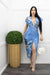 Blue Deep V Short Sleeve Ruched Slit Midi Dress-Midi Dress-Moda Fina Boutique