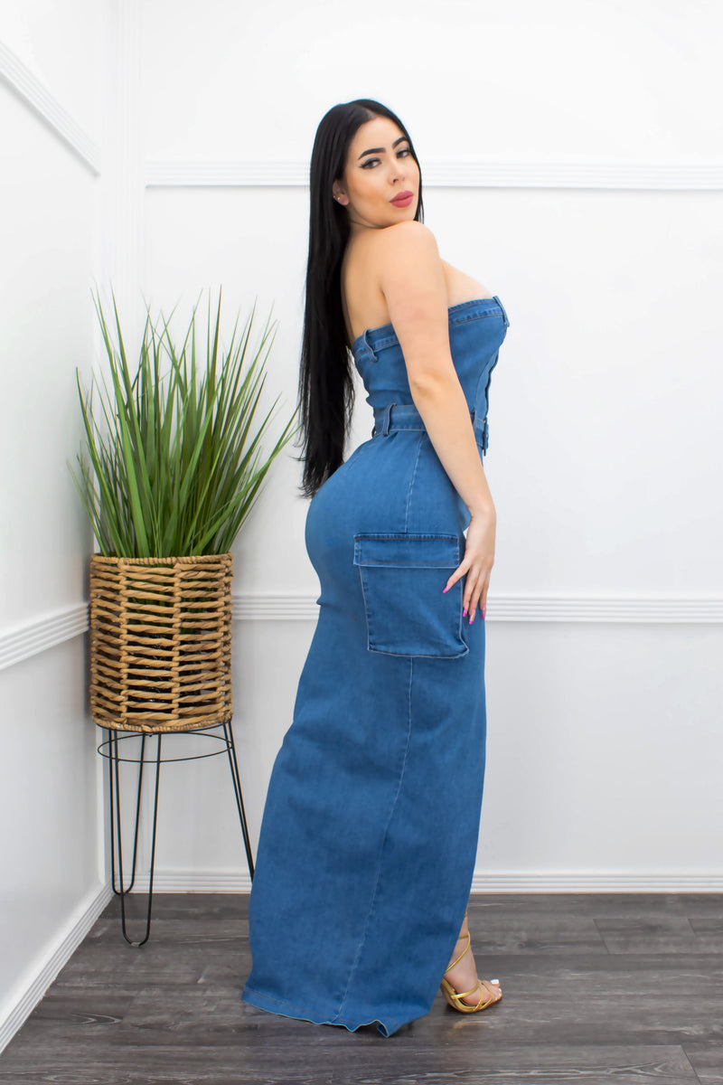 Blue Denim Slit Maxi Dress-Maxi Dress-Moda Fina Boutique