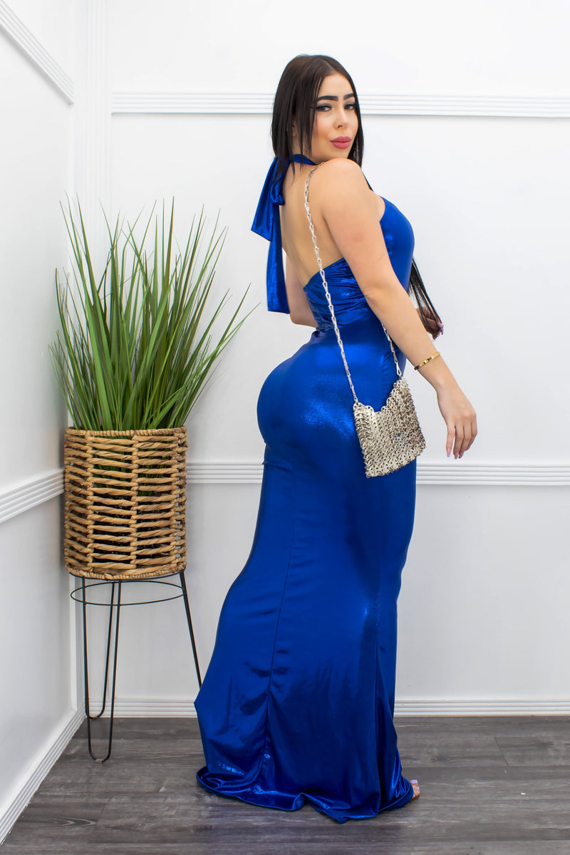 Blue Halter Neck Evening Maxi Dress-Maxi Dress-Moda Fina Boutique