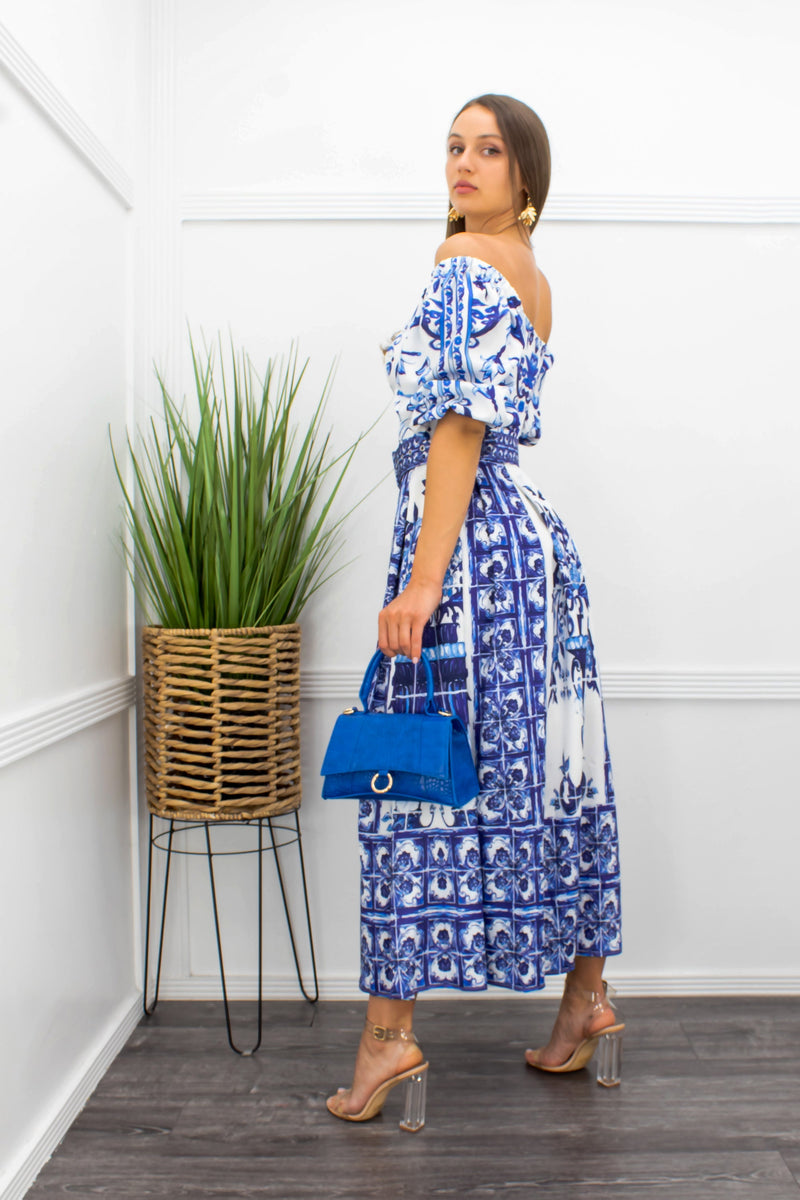 Blue Off Shoulder Belted Maxi Dress-Maxi Dress-Moda Fina Boutique