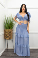 Blue S S Crop Top Ruffled Maxi Skirt Set-Set-Moda Fina Boutique
