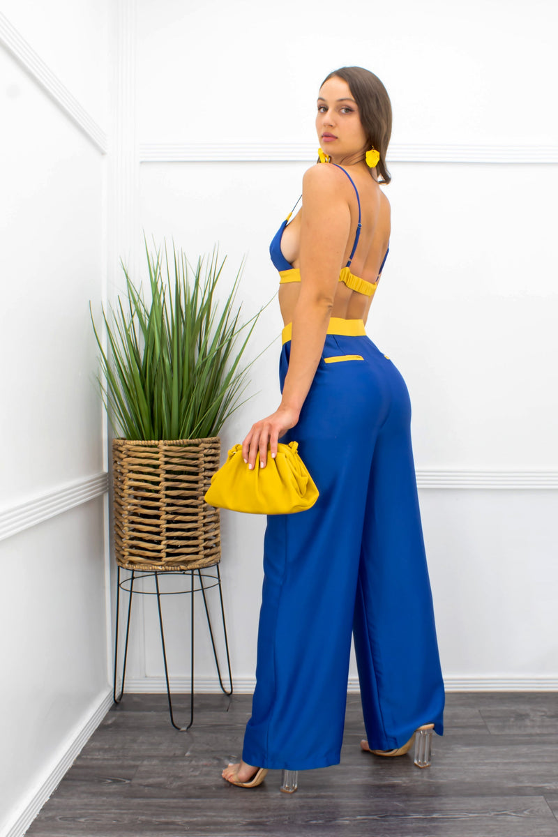 Blue Satin Crop Top With Stylish Pant Set-Set-Moda Fina Boutique