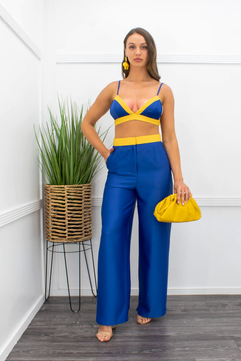Blue Satin Crop Top With Stylish Pant Set-Set-Moda Fina Boutique