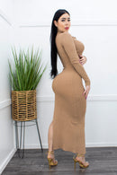 Bodycon Long Sleeve Slit Maxi Dress Tan-Maxi Dress-Moda Fina Boutique