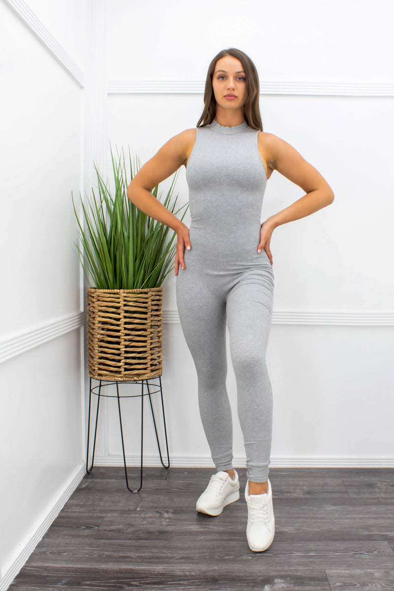 Bodycon Sleeveless Skinny Jumpsuit Grey-Jumpsuit-Moda Fina Boutique