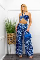 Chiffon Crop Top W Matching Pant Set Blue-Set-Moda Fina Boutique