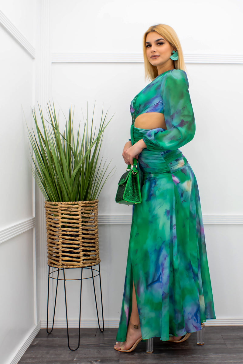 Chiffon Open Sides Slit Maxi Dress Green-Maxi Dress-Moda Fina Boutique