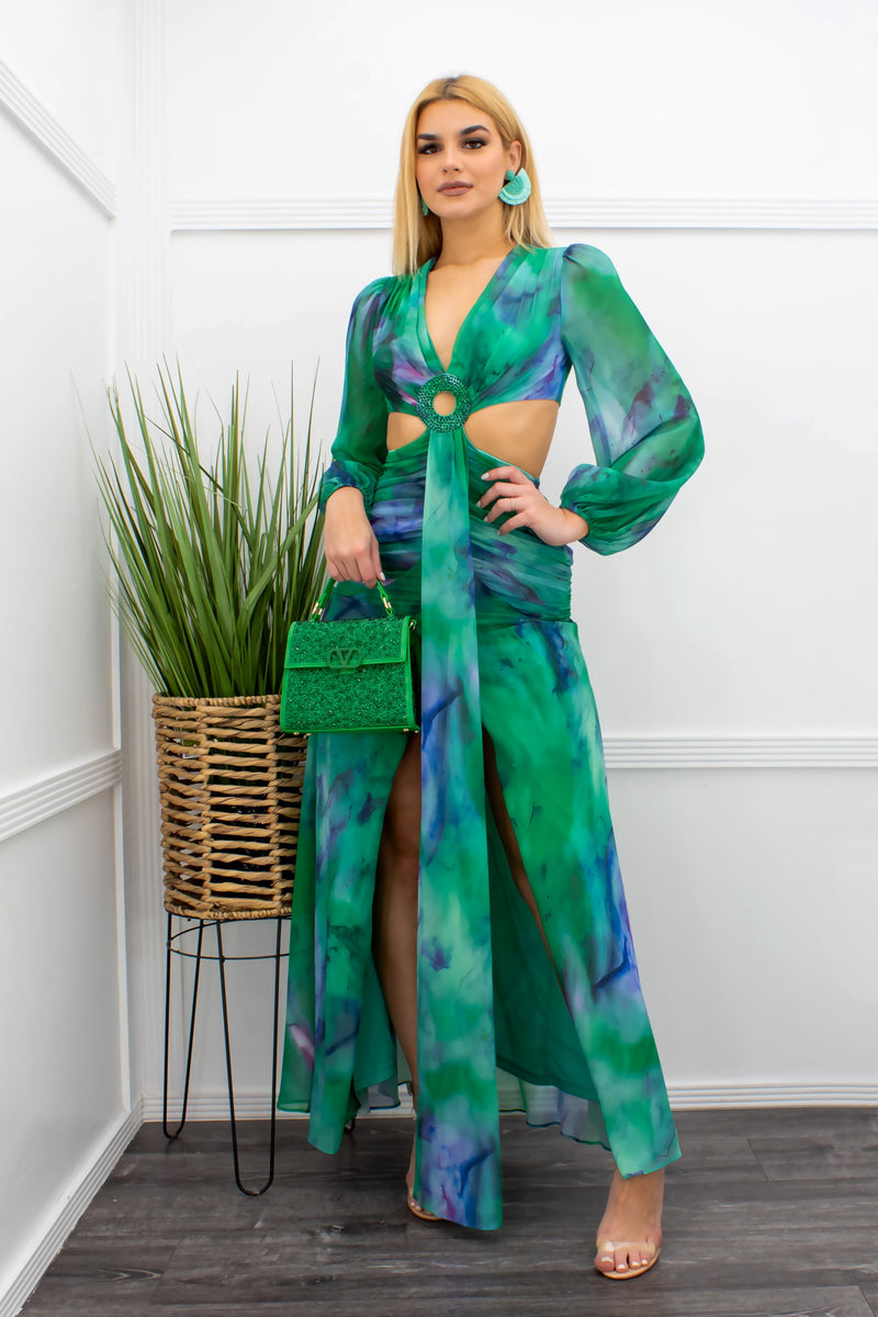 Chiffon Open Sides Slit Maxi Dress Green-Maxi Dress-Moda Fina Boutique