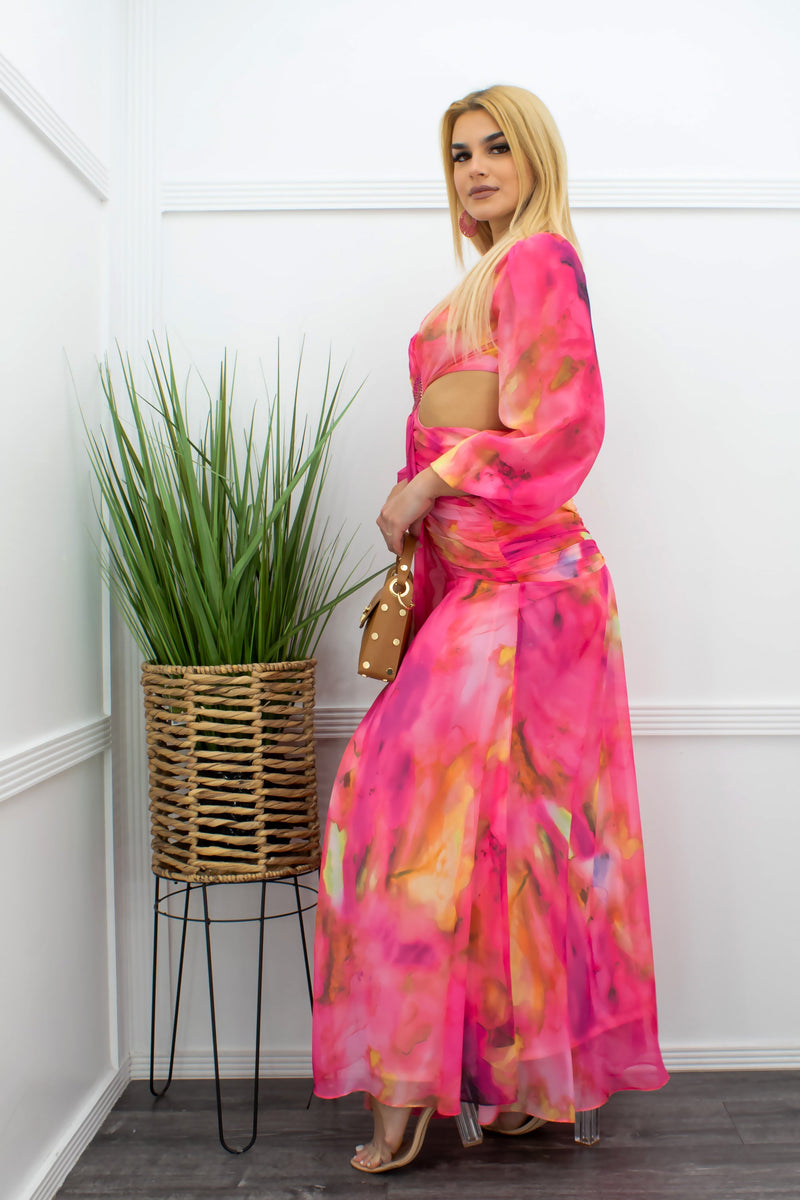 Chiffon Open Sides Slit Maxi Dress Pink-Maxi Dress-Moda Fina Boutique