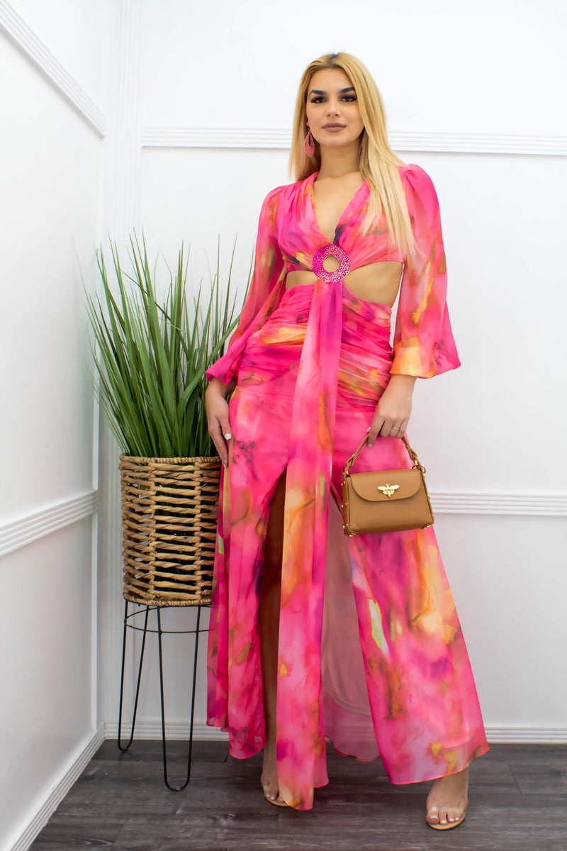 Chiffon Open Sides Slit Maxi Dress Pink-Maxi Dress-Moda Fina Boutique