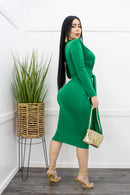 D V Long Sleeve Midi Dress Green-Midi Dress-Moda Fina Boutique