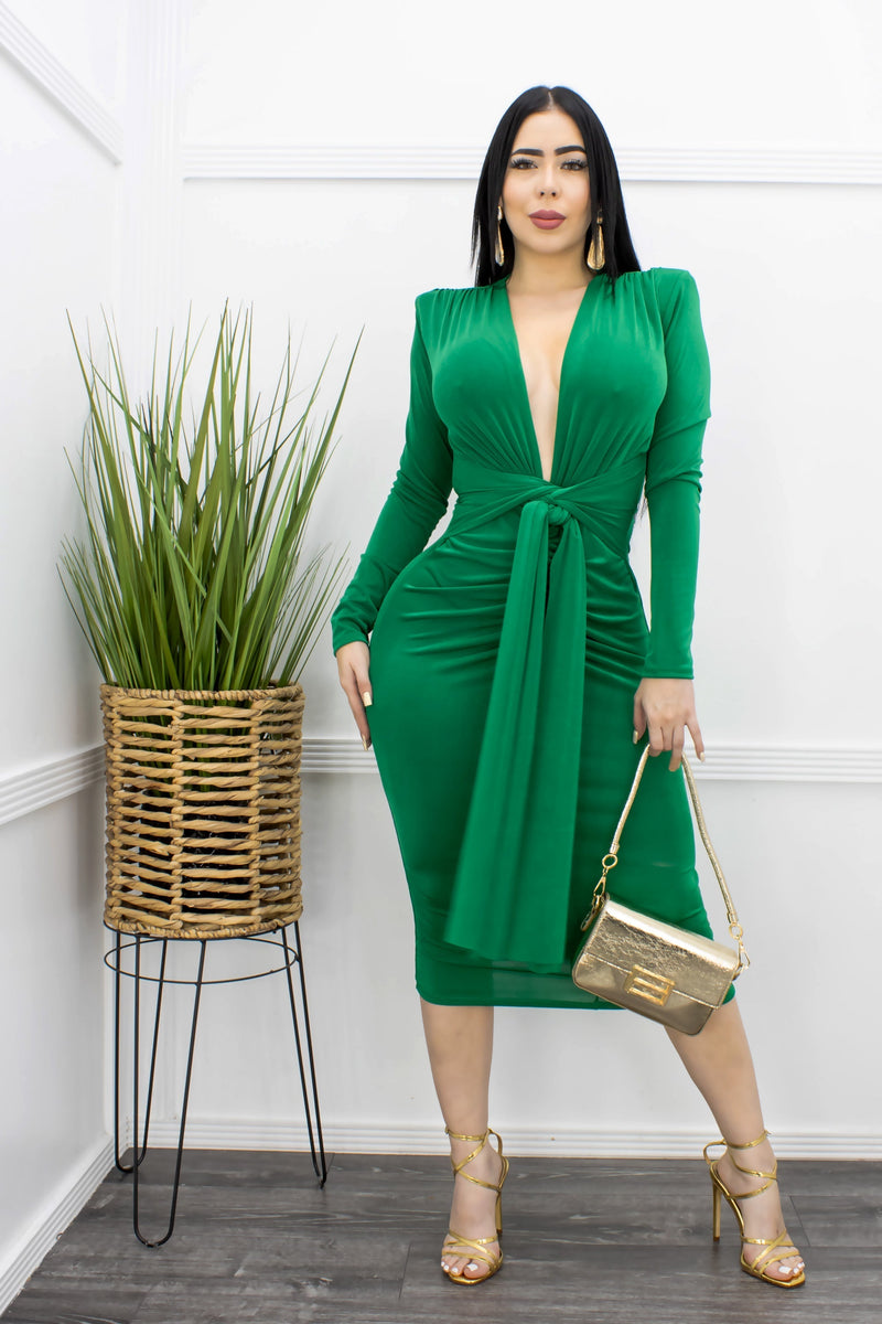 D V Long Sleeve Midi Dress Green-Midi Dress-Moda Fina Boutique