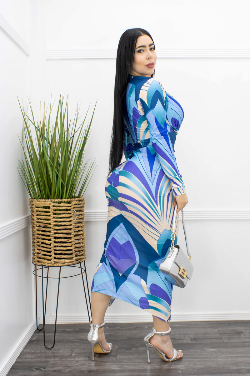 Deep V Long Sleeve Slit Maxi Dress Blue-Maxi Dress-Moda Fina Boutique