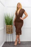 Deep V Rushed Ruffled Trimmed Midi Dress-Midi Dress-Moda Fina Boutique