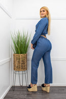 Denim Long Sleeve Top Pant Set-Set-Moda Fina Boutique