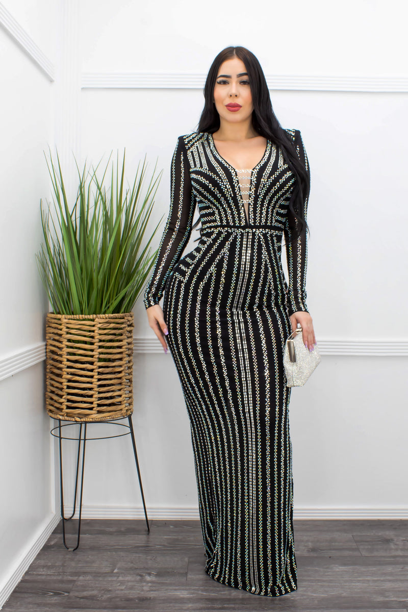 Embellished Detailed Gown Maxi Dress Black-Maxi Dress-Moda Fina Boutique