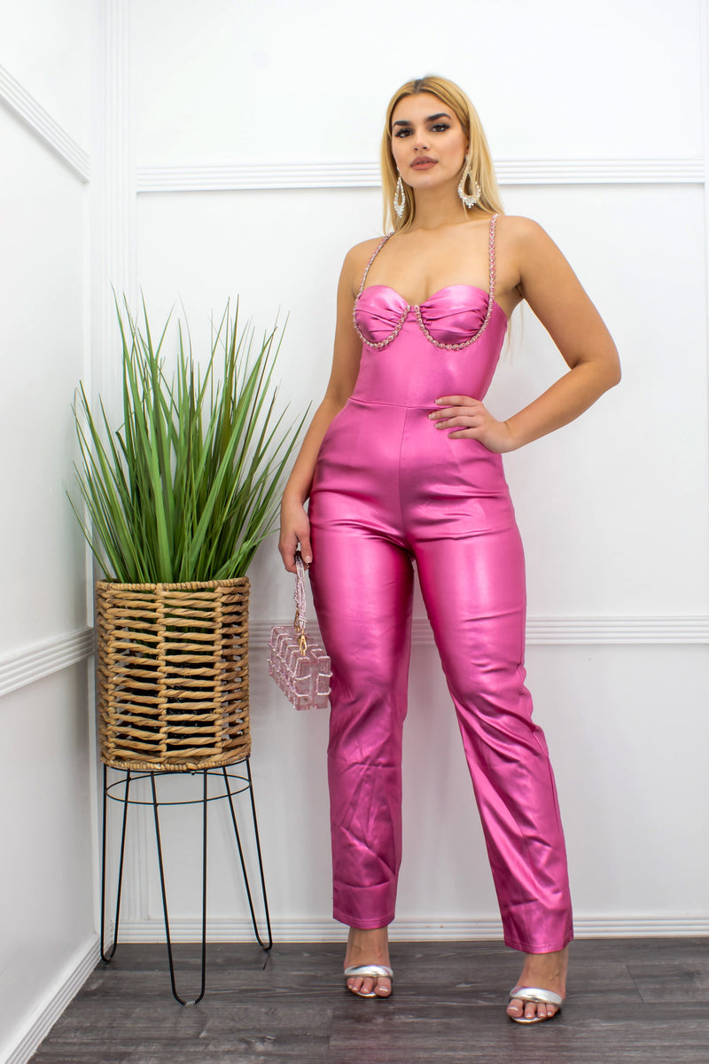 Embellished W Rhinestones Pu Wide Leg Jumpsuit Pink-Jumpsuit-Moda Fina Boutique