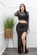 Embellished W Rhinestones Top Slit Maxi Skirt Set-Set-Moda Fina Boutique