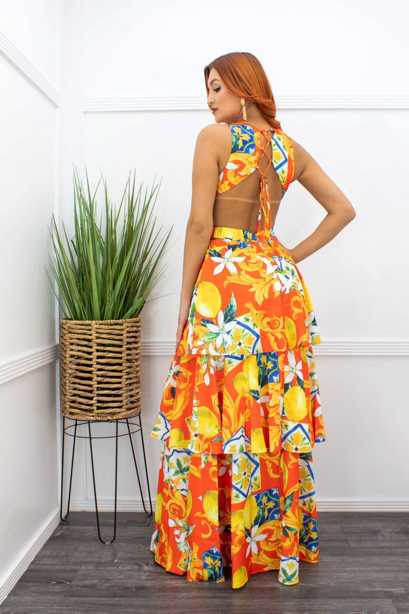Floral Ruffled Open Back Orange Maxi Dress-Maxi Dress-Moda Fina Boutique