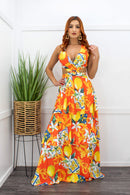 Floral Ruffled Open Back Orange Maxi Dress-Maxi Dress-Moda Fina Boutique