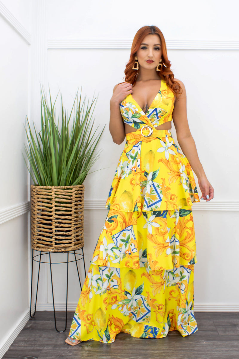 Floral Ruffled Open Back Yellow Maxi Dress-Maxi Dress-Moda Fina Boutique