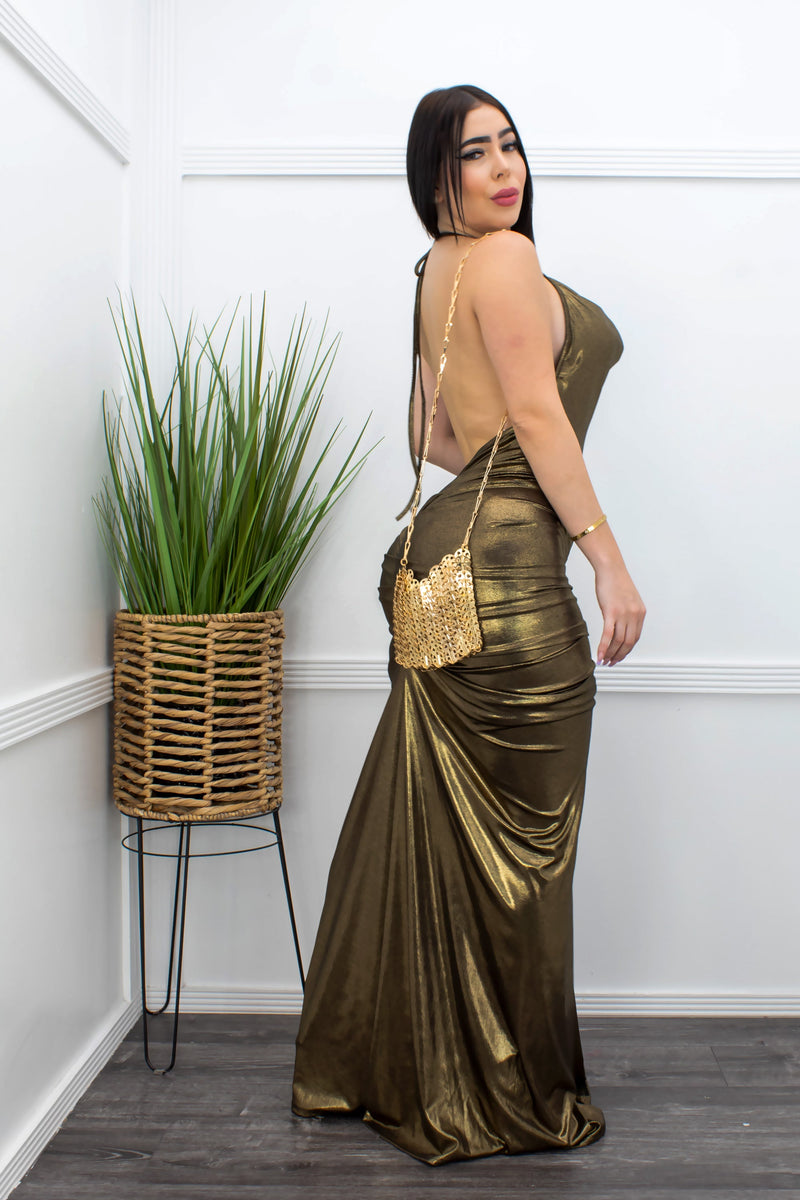 Gold Metallic Low Back Maxi Dress-Maxi Dress-Moda Fina Boutique