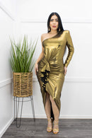 Gold One Shoulder Ruffled Maxi Dress-Maxi Dress-Moda Fina Boutique