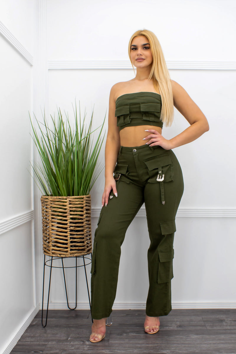 Green Crop Top Cargo Pant Set-Set-Moda Fina Boutique
