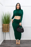 Green L S Top Ruched Maxi Skirt Set-Set-Moda Fina Boutique