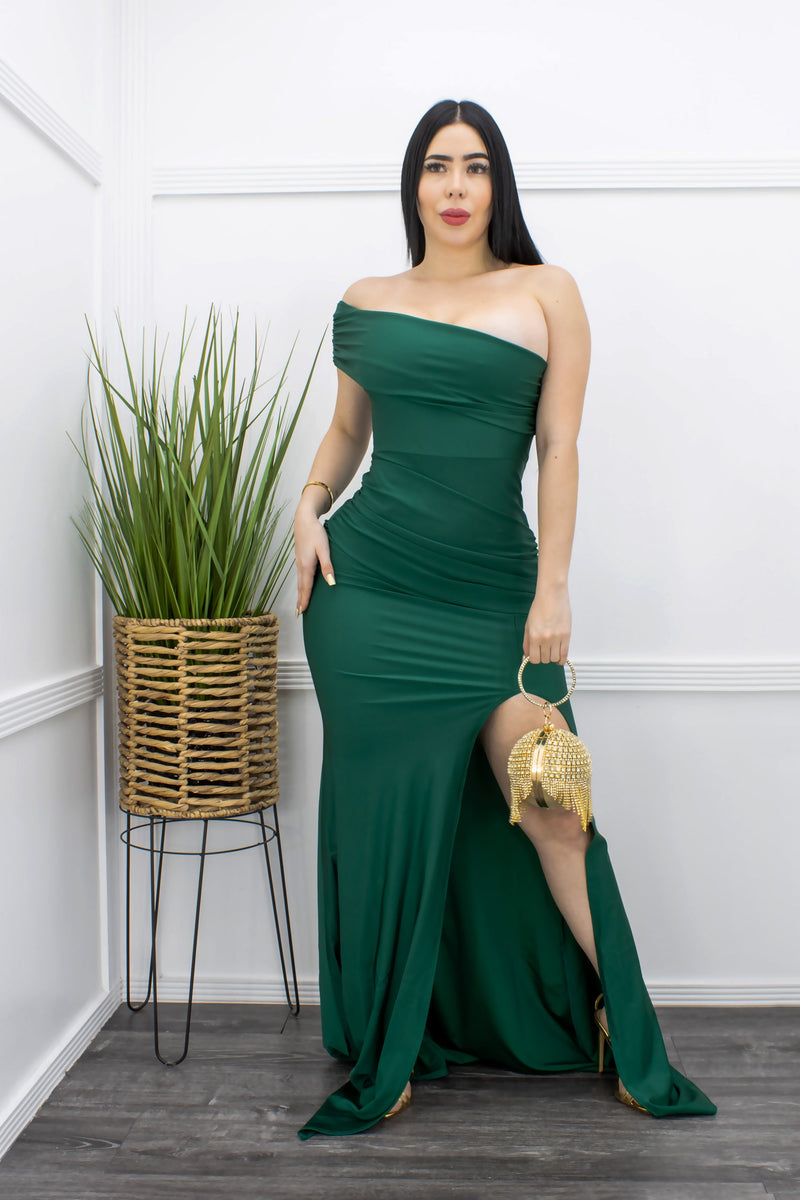 Green One Shoulder Slit Maxi Dress-Maxi Dress-Moda Fina Boutique