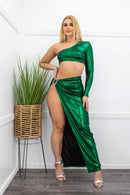 Green One Sleeve Top Slit Maxi Skirt Set-Set-Moda Fina Boutique