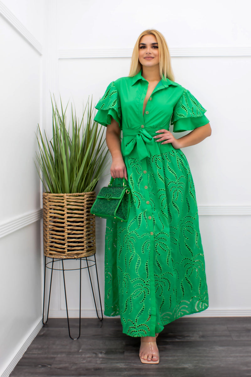 Green Puffy Sleeve Belted Maxi Dress-Maxi Dress-Moda Fina Boutique
