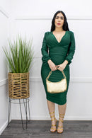 Green Ruched Long Sleeve Midi Dress-Midi Dress-Moda Fina Boutique