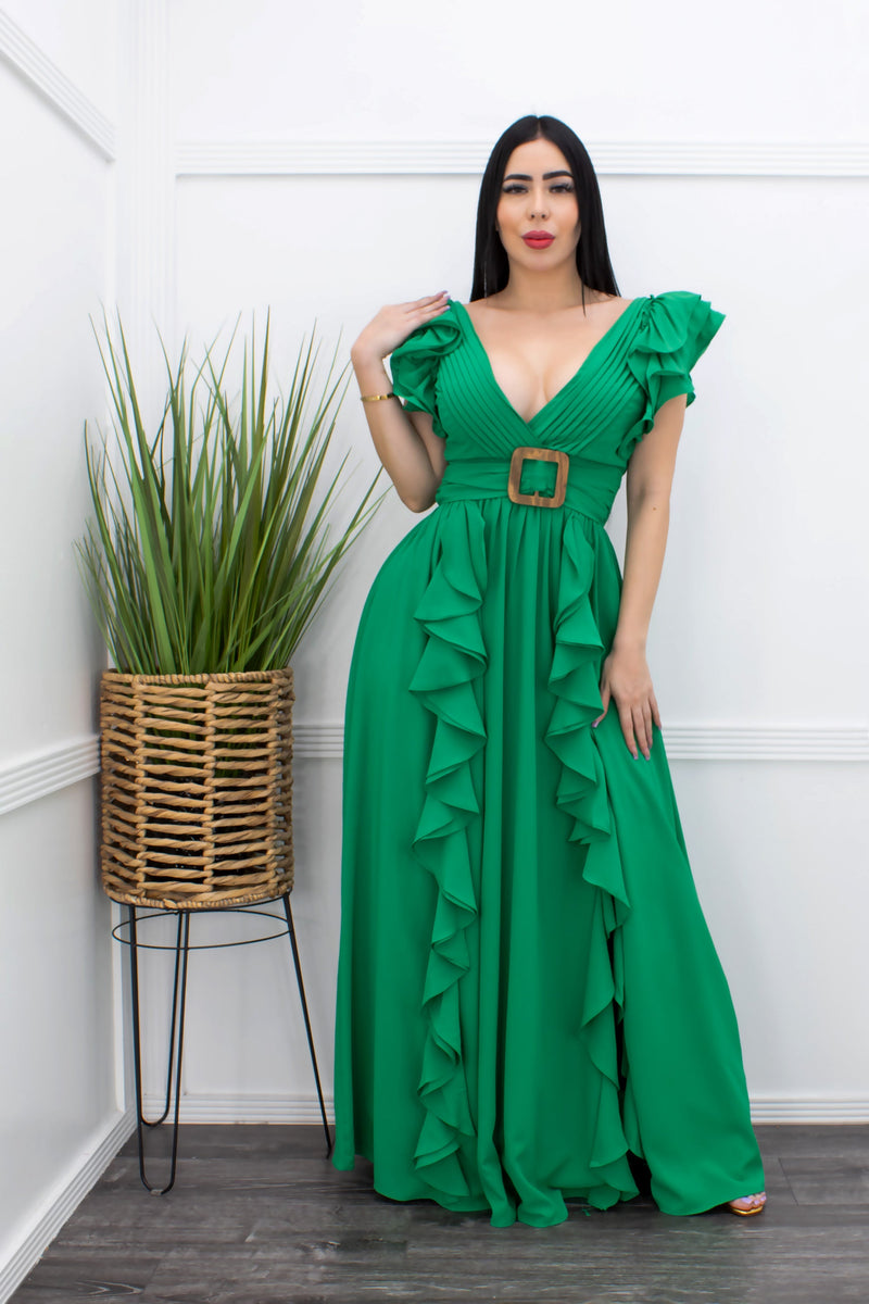 Green Ruffled Maxi Dress-Maxi Dress-Moda Fina Boutique