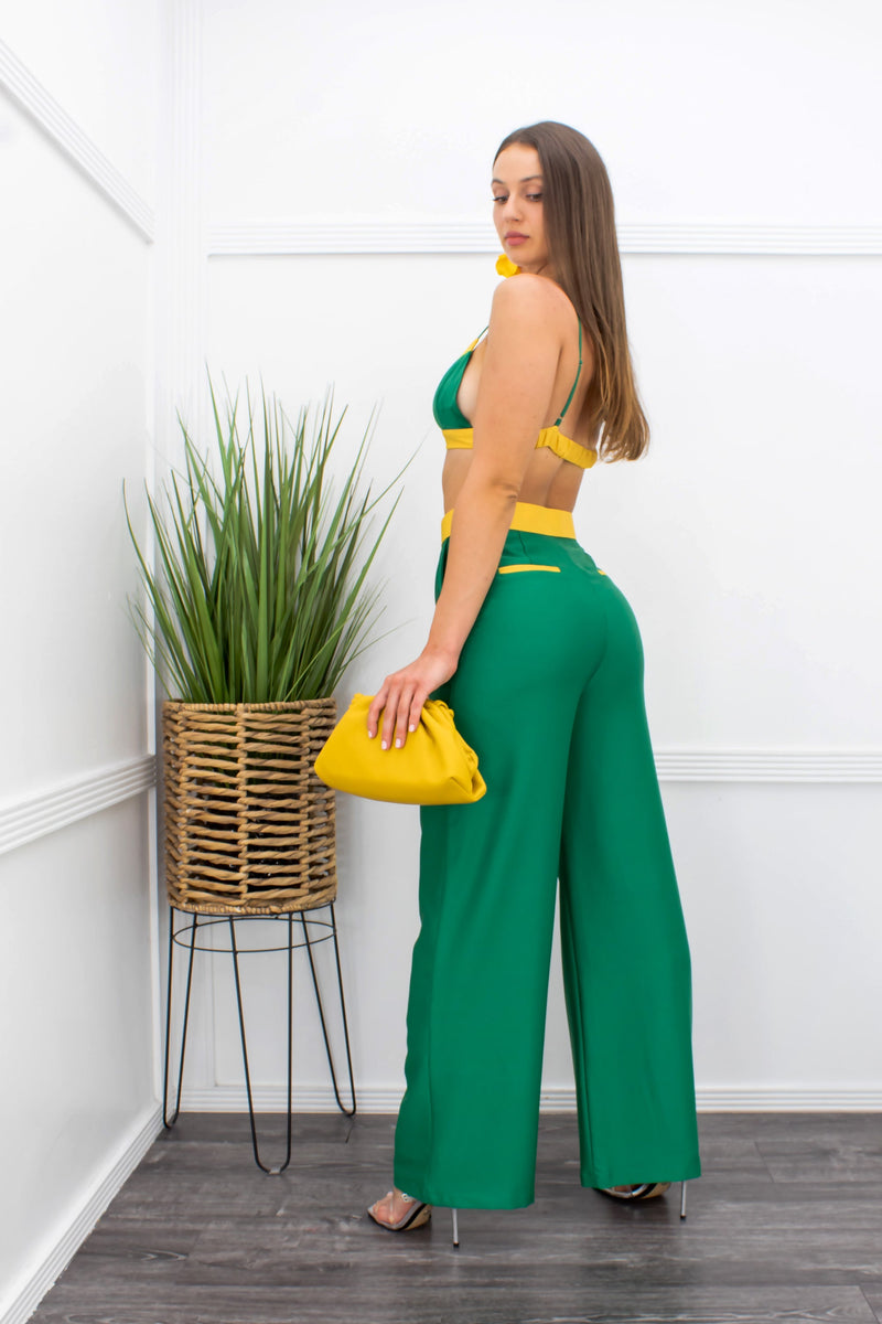 Green Satin Crop Top With Stylish Pant Set-Set-Moda Fina Boutique