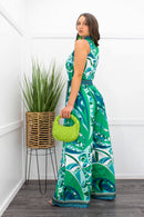 Green Satin Sleeveless Belted Jumpsuit-Jumpsuit-Moda Fina Boutique