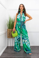 Green Satin Sleeveless Belted Jumpsuit-Jumpsuit-Moda Fina Boutique