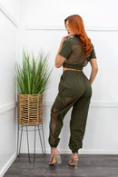 Green Short Sleeve Top Cargo Pant Set-Set-Moda Fina Boutique