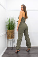 Green Strapless W Design Side Pocket Jumpsuit-Jumpsuit-Moda Fina Boutique