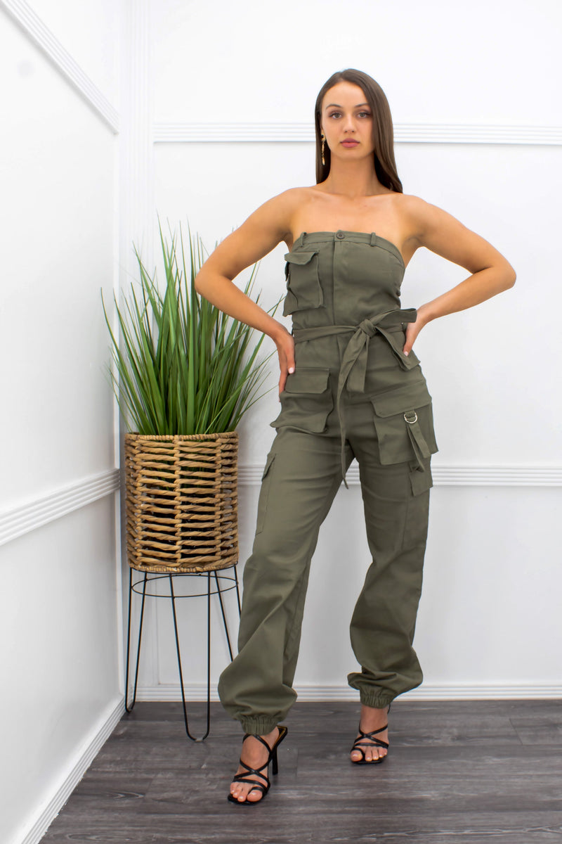 Green Strapless W Design Side Pocket Jumpsuit-Jumpsuit-Moda Fina Boutique