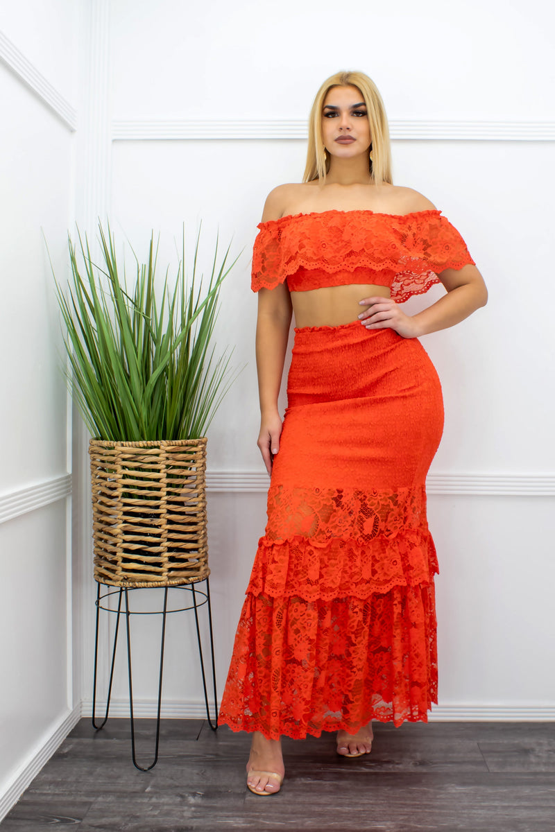 Lace Crop Top Maxi Skirt Set Orange-Set-Moda Fina Boutique