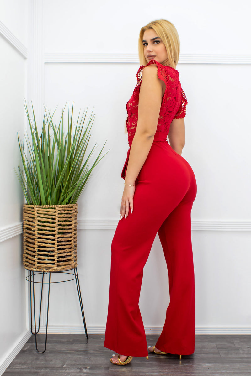 Lace Short Sleeve Belted Red Jumpsuit-Jumpsuit-Moda Fina Boutique