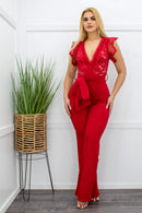 Lace Short Sleeve Belted Red Jumpsuit-Jumpsuit-Moda Fina Boutique