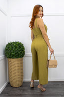 Linen Button Down Belted Green Jumpsuit-Jumpsuit-Moda Fina Boutique