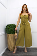 Linen Button Down Belted Green Jumpsuit-Jumpsuit-Moda Fina Boutique